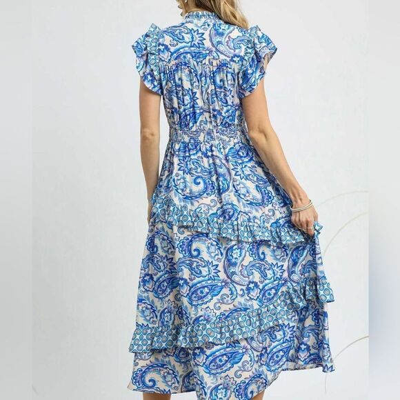 Last Day Umgee USA Blue Paisley Ruffle Midi Dress Cascading Ruffles Small - Picture 4 of 5